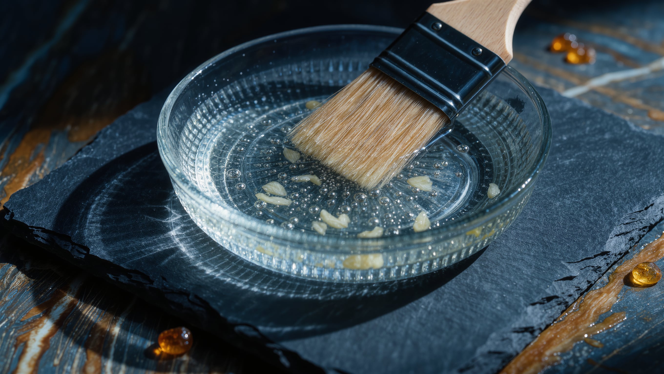 Eine Glaspipette mit klarer Peelinglösung über einer flachen Keramikschale, daneben ein pH-Teststreifen und ein Fächerpinsel auf mattem Stein im Seitenlicht