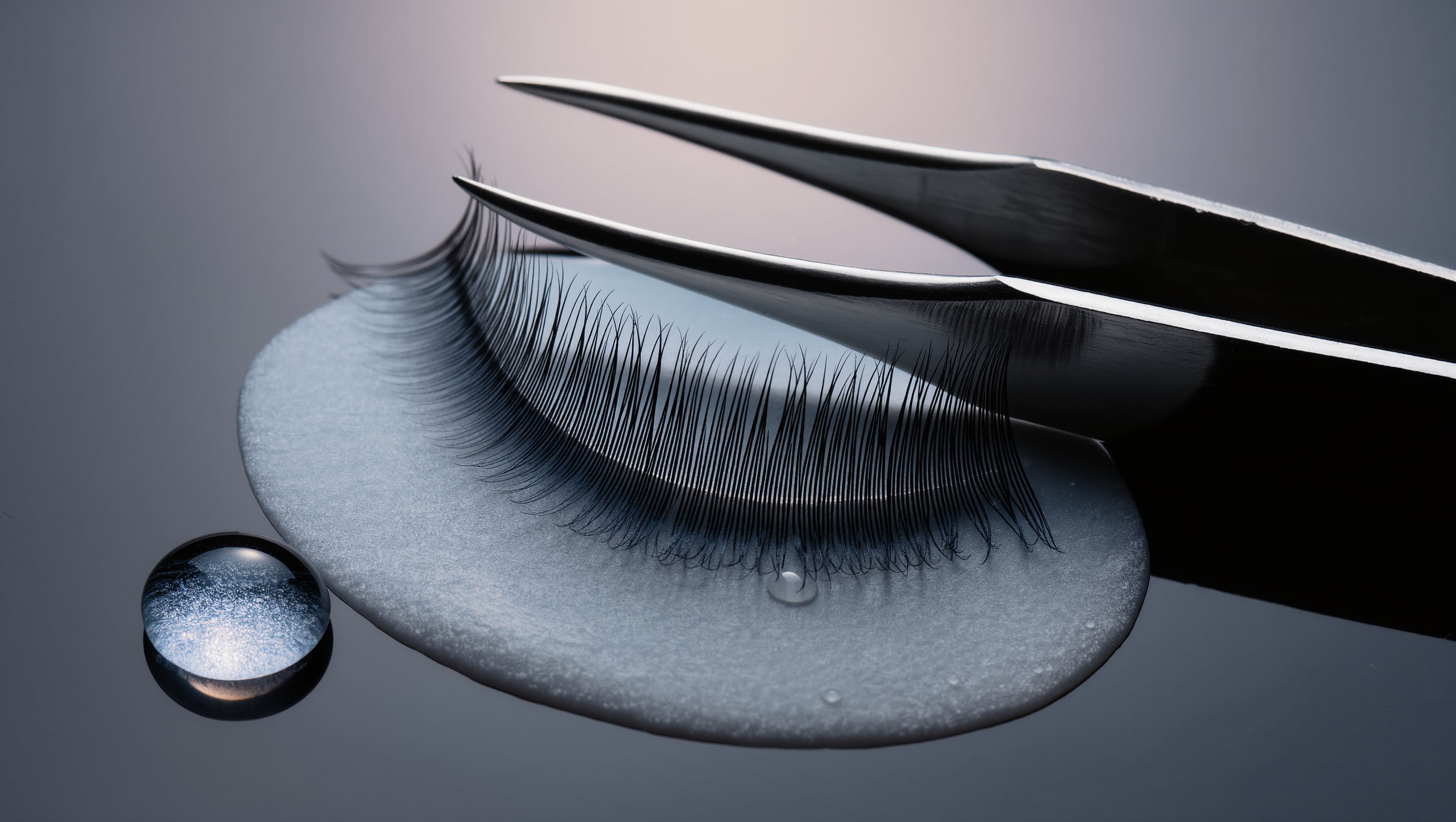 Nahaufnahme eines geschlossenen Auges mit aufgerichteten Wimpern auf einem hellen Silikonpad, daneben ein feiner Applikator auf weißem Tuch