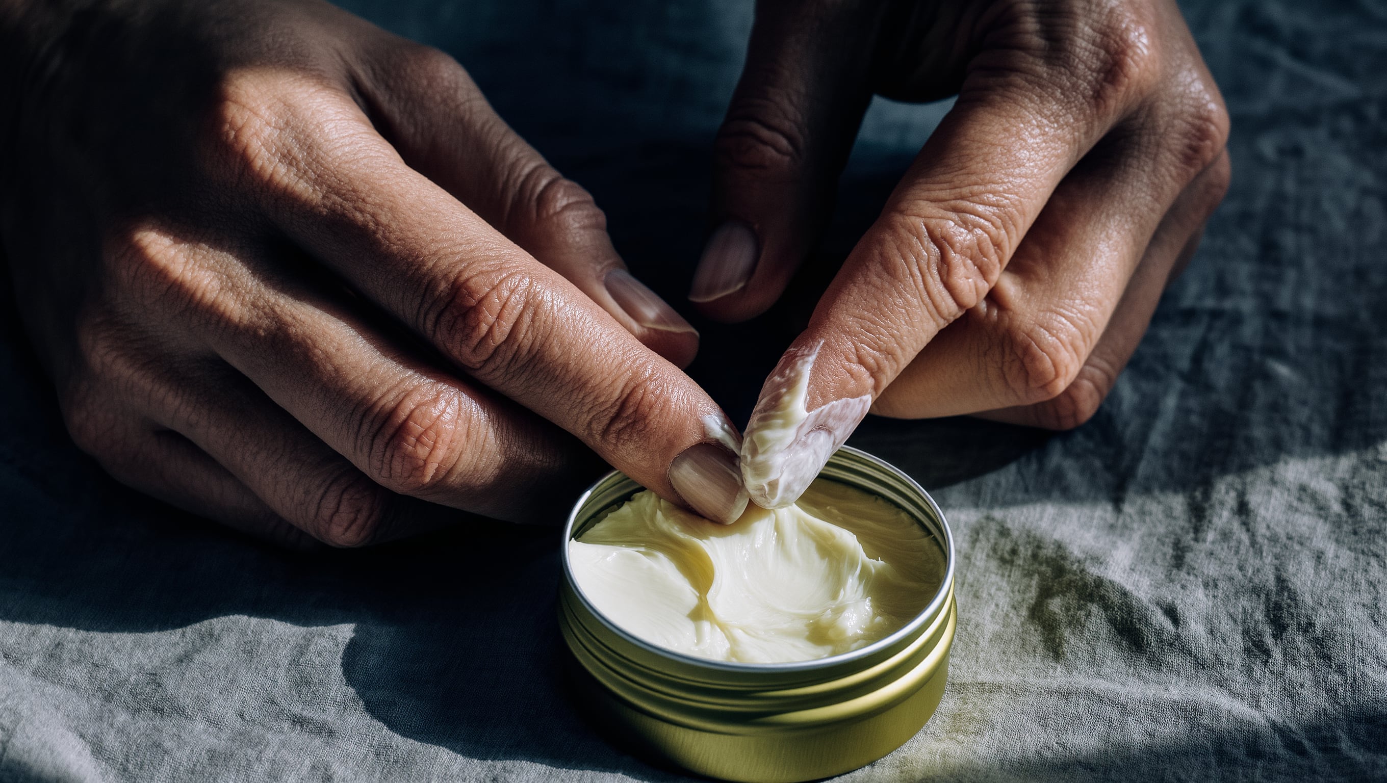 Ein geöffneter Tiegel mit dickem Balsam und eine gepflegte Hand auf dunklem Holz, daneben ein Paar Lederhandschuhe