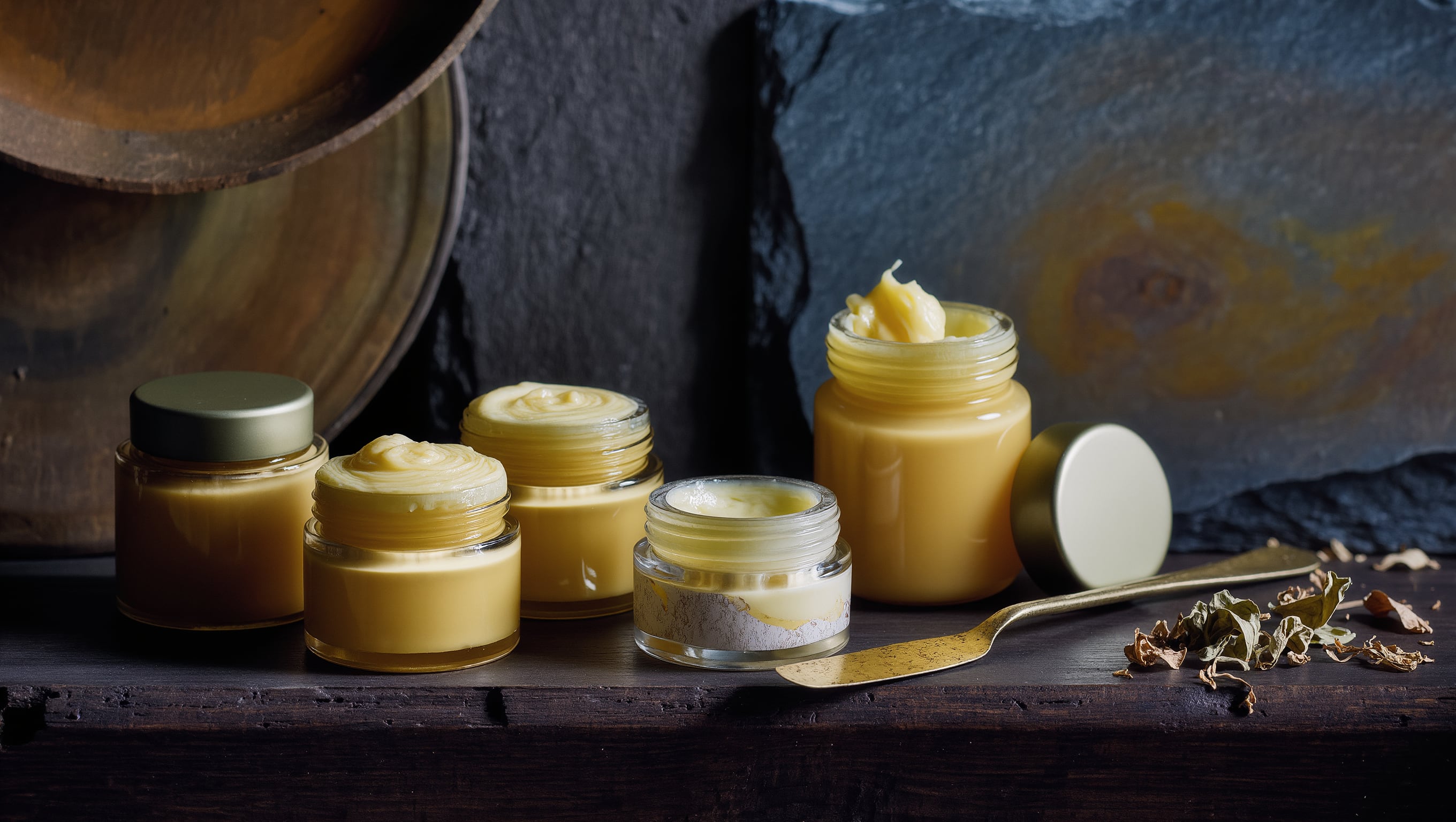 Kleine unbeschriftete Apothekertiegel mit dickem Balsam in verschiedenen Gebrauchsstadien auf dunklem Holz, daneben ein Messingspatel und getrocknete Pflanzenteile