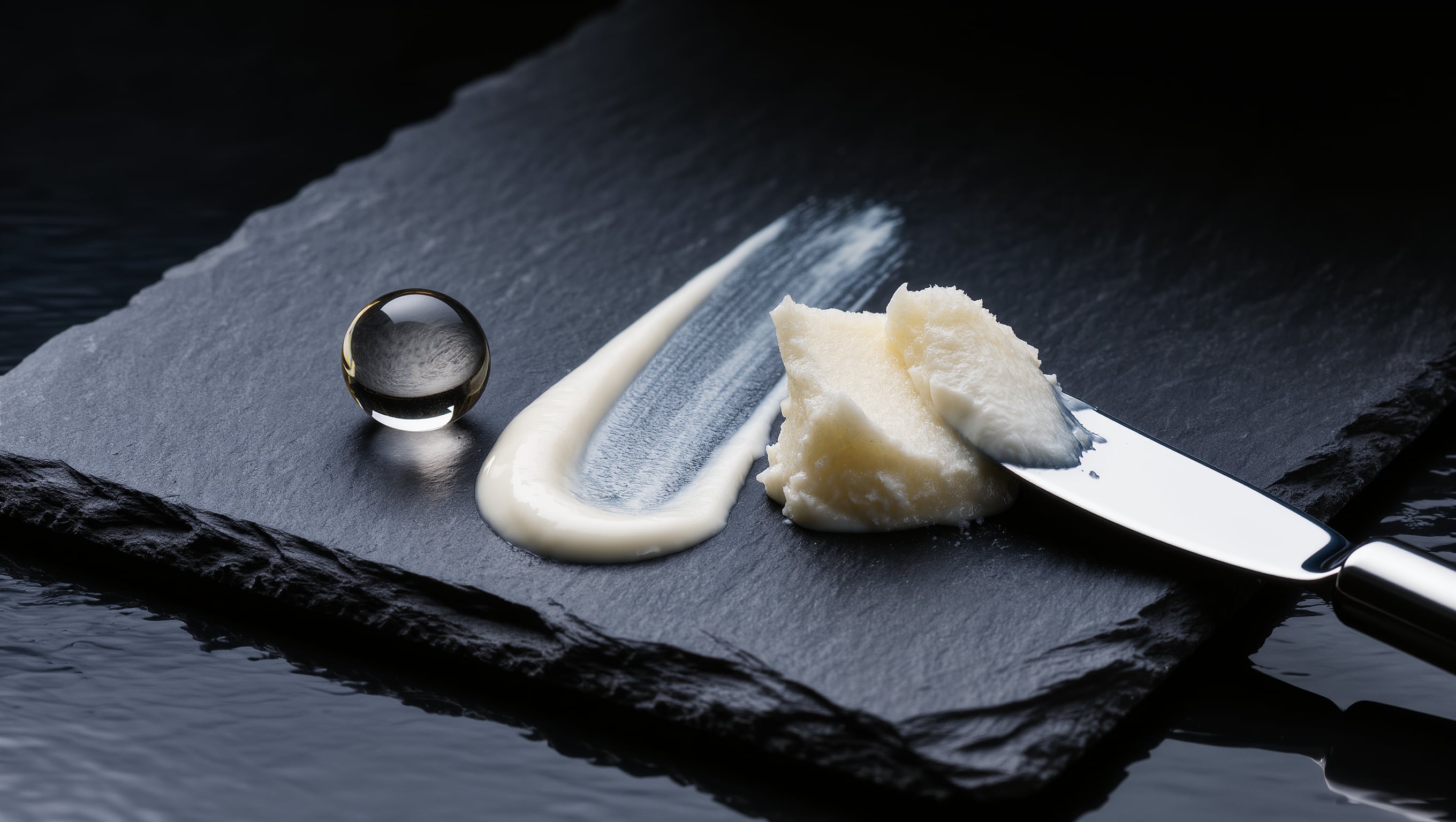 Drei Pflegetexturen nebeneinander auf dunklem Stein: ein klares Gel, eine weiße Emulsion und ein dicker Balsam mit sichtbarem Glanz im Streiflicht