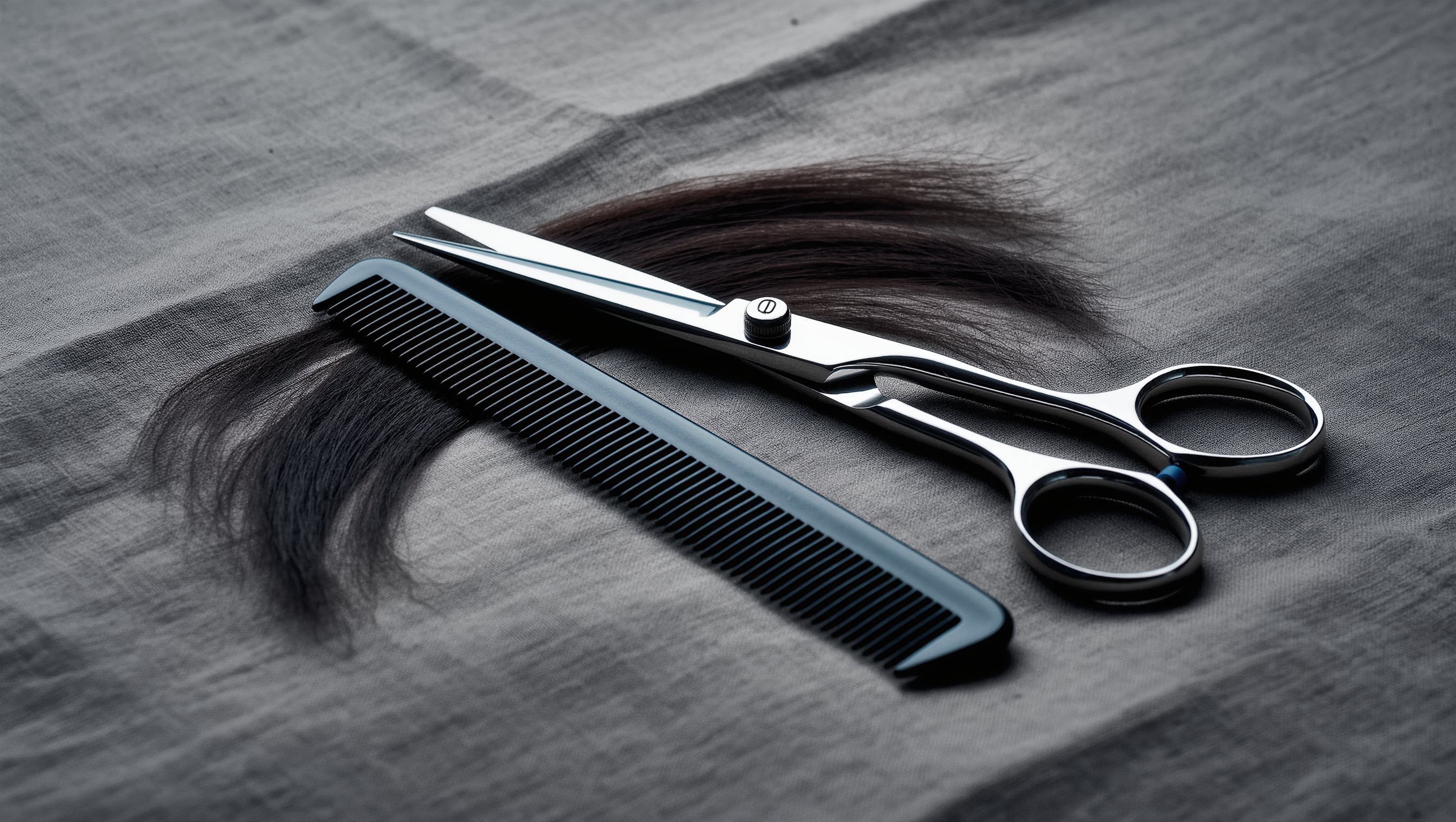 Eine Haarschere und ein Schneidekamm auf hellem Leinen, daneben eine gelöste Haarpartie mit weich auslaufenden Konturen im Seitenlicht