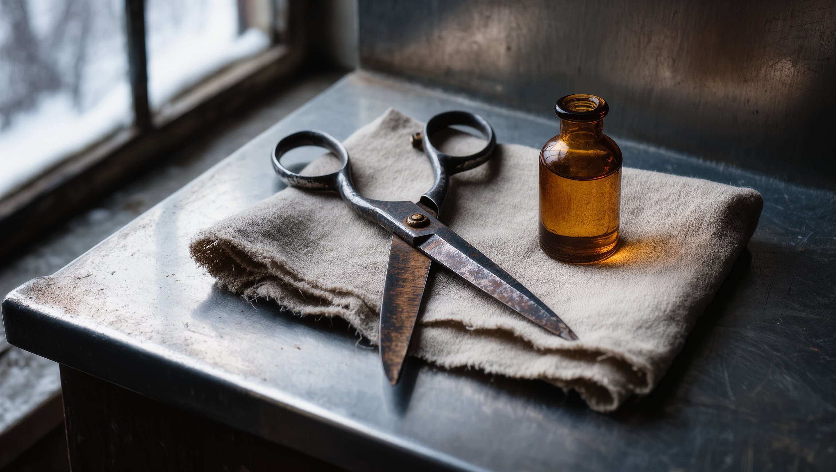 Ein aufgeschlagenes Karteibuch mit handschriftlichen Farbnotizen, daneben eine Haarsträhnenprobe und ein kleines Waageschälchen im warmen Seitenlicht