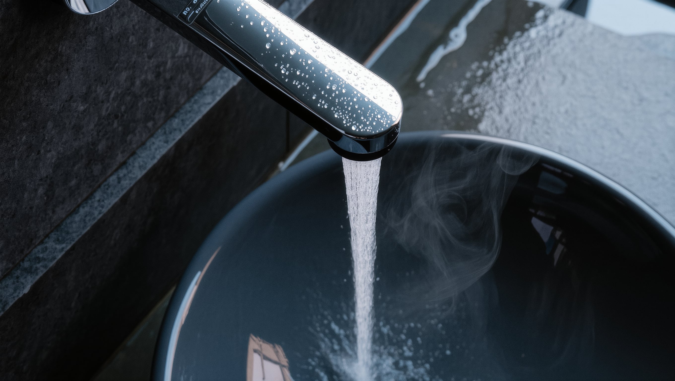 Ein gebürsteter Stahl-Brausekopf über einem dunklen Keramik-Waschbecken, ein feiner Wasserstrahl im Fall eingefroren, leichter Dampf im kalten blaugrauen Licht