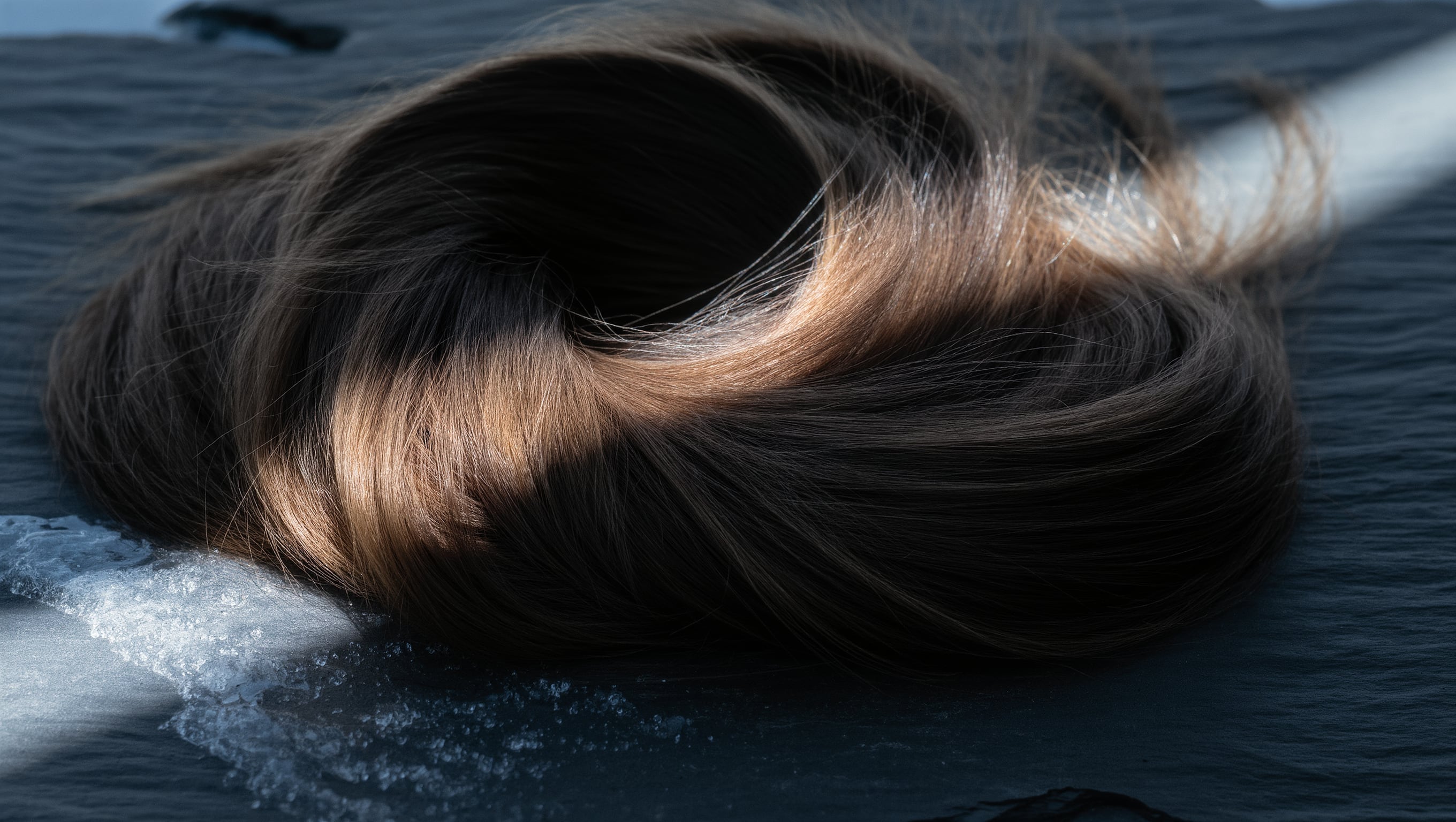 Dunkelbraunes Haar mit warmen Reflexen in schrägem Streiflicht vor einem matten, grauen Hintergrund